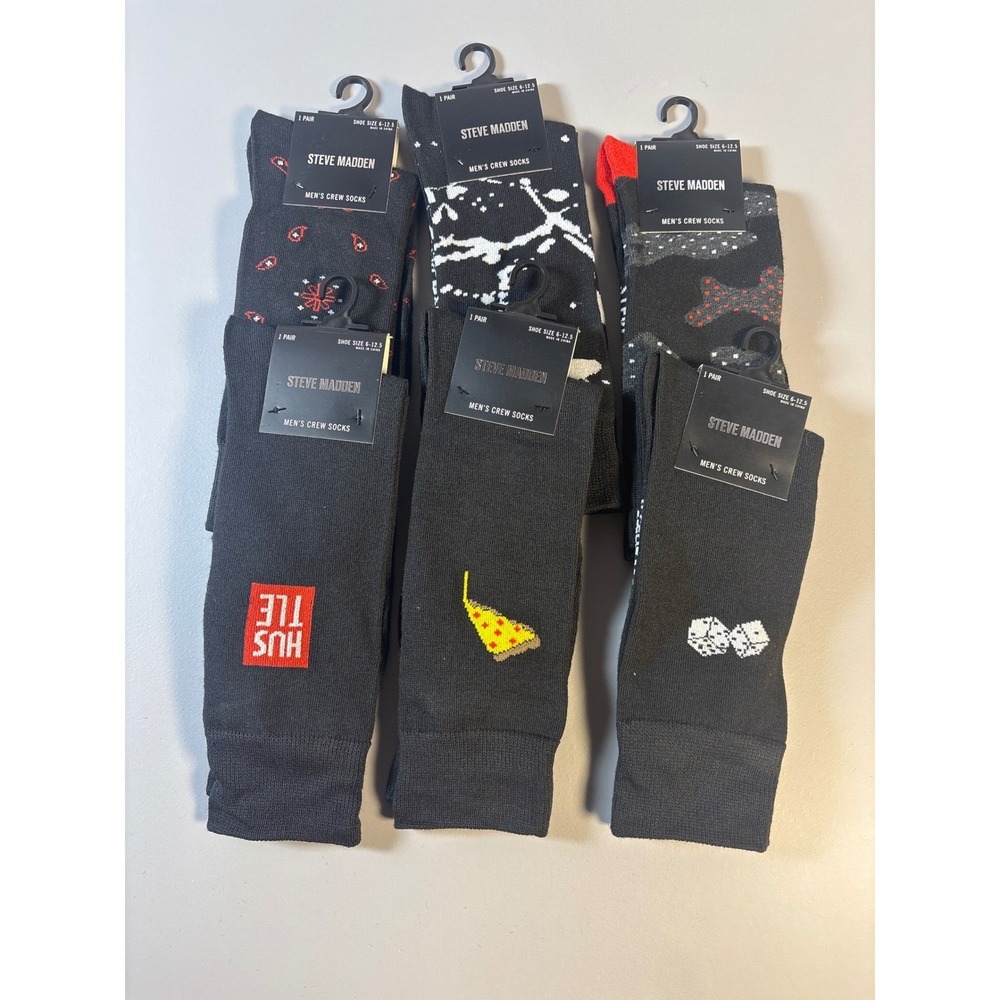 Steve Madden Mens Crew Socks 6 Pair Pack Shoe Size‎ 6-12.5 Fun Novelty Designs